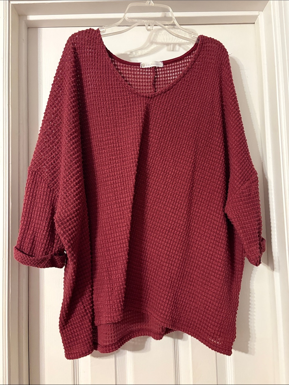 Waffle Knit Dolman Scoop Neck Sweatshirt - Wine